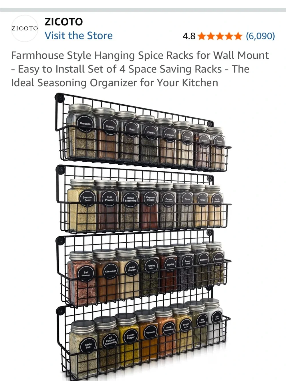 Black Farmhouse Wall-Mount Spice Rack Set of 4